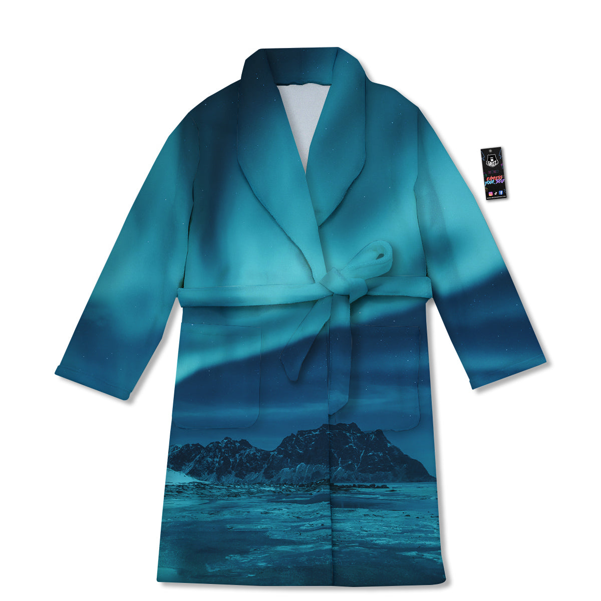 Blue Northern Lights And Mountain Print Bathrobe-grizzshop