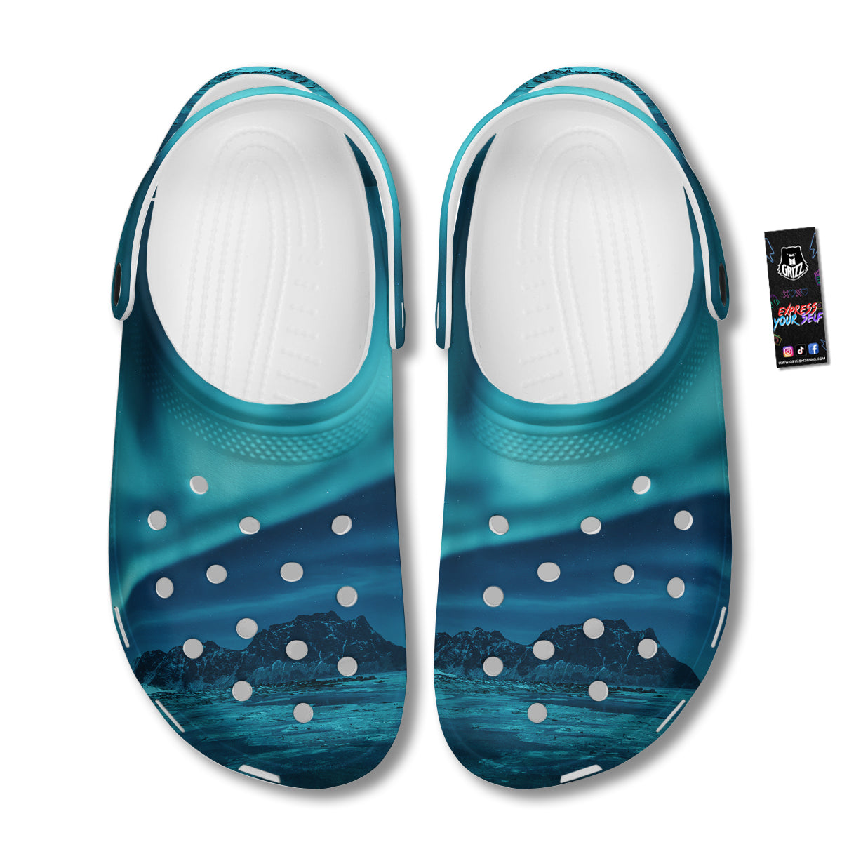 Blue Northern Lights And Mountain Print Clog-grizzshop