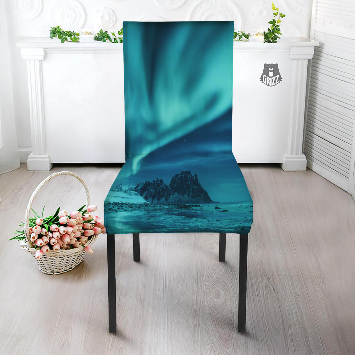 Blue Northern Lights And Mountain Print Dining Chair Slipcover-grizzshop