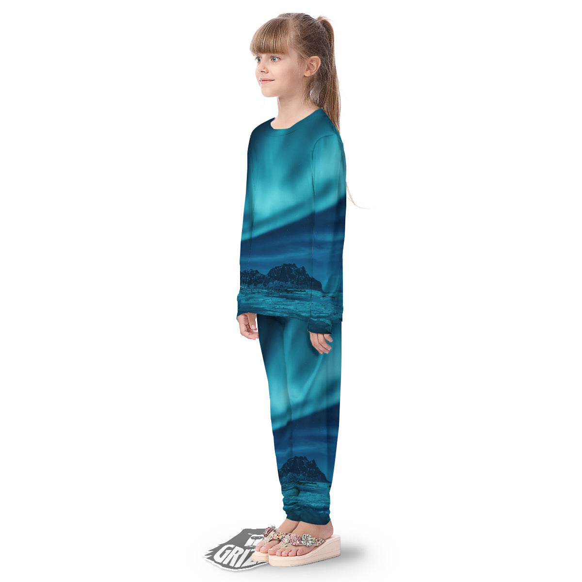 Blue Northern Lights And Mountain Print Kid's Pajamas-grizzshop