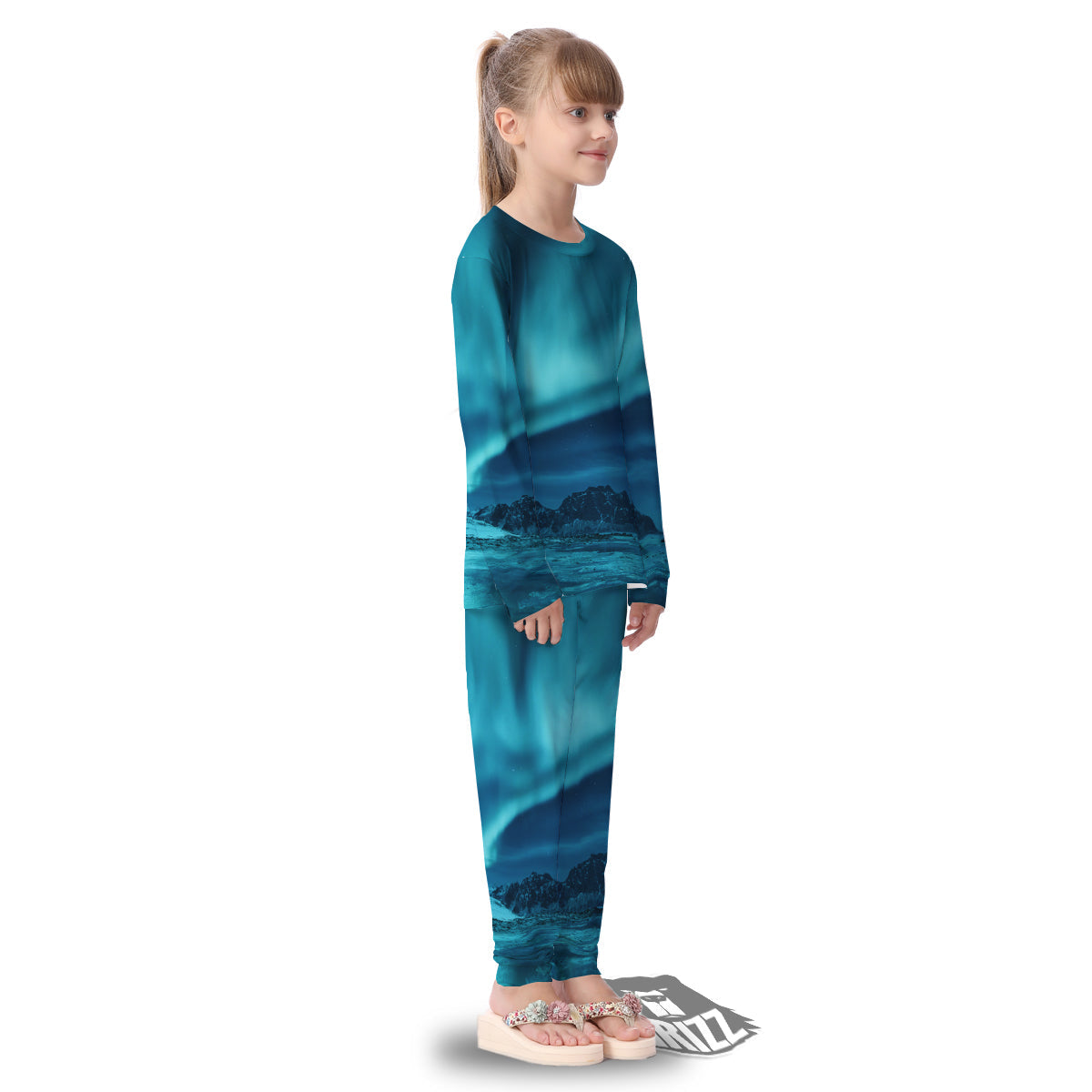 Blue Northern Lights And Mountain Print Kid's Pajamas-grizzshop
