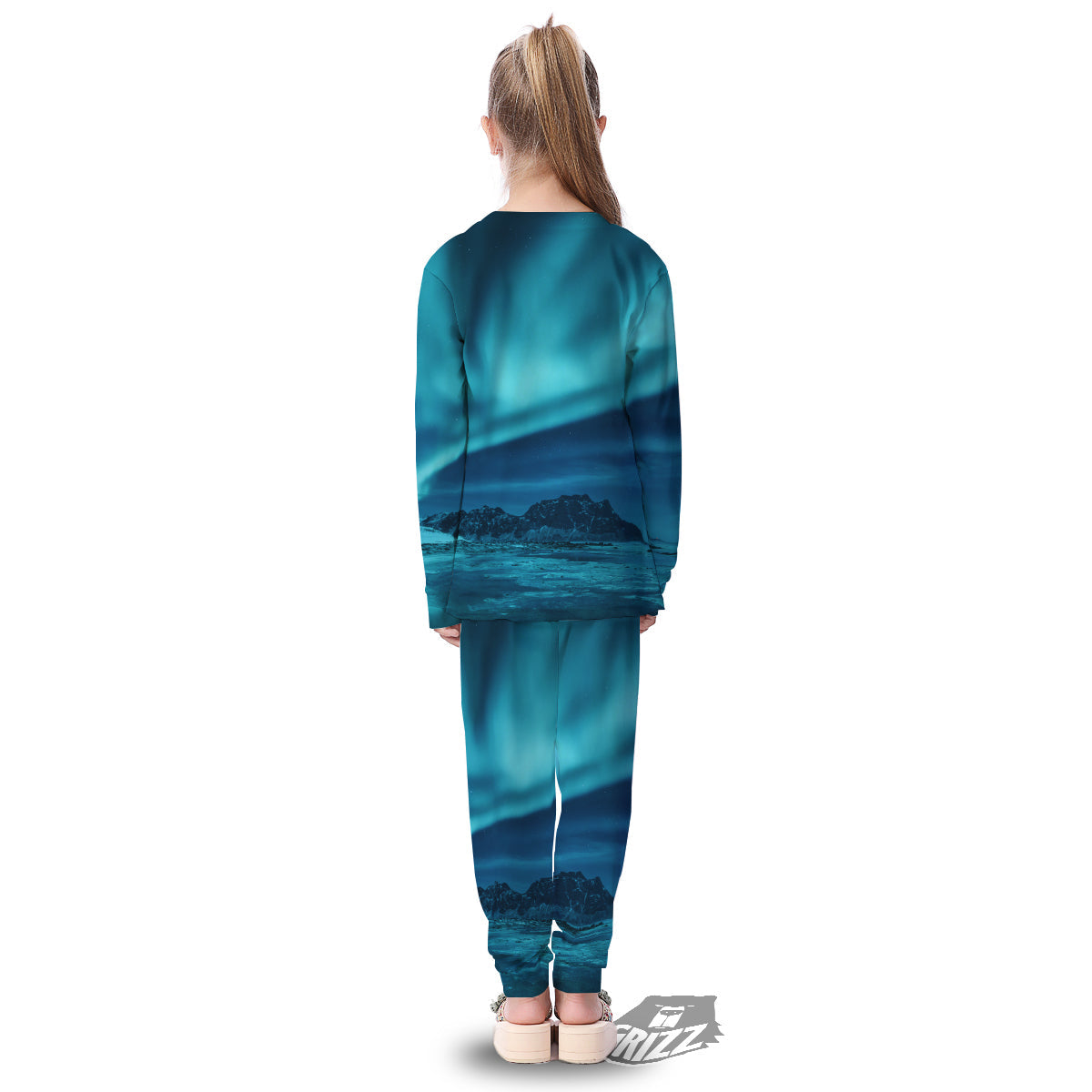Blue Northern Lights And Mountain Print Kid's Pajamas-grizzshop