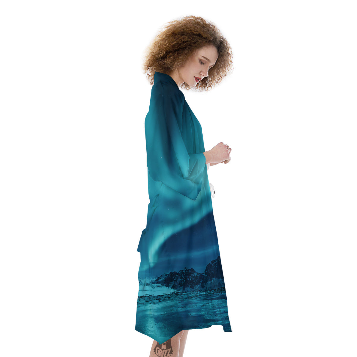 Blue Northern Lights And Mountain Print Kimono-grizzshop