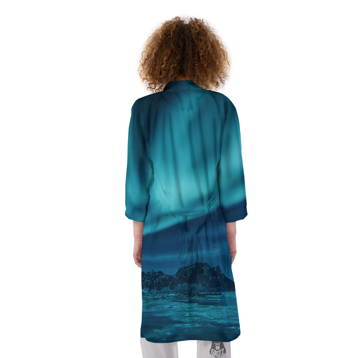 Blue Northern Lights And Mountain Print Kimono-grizzshop