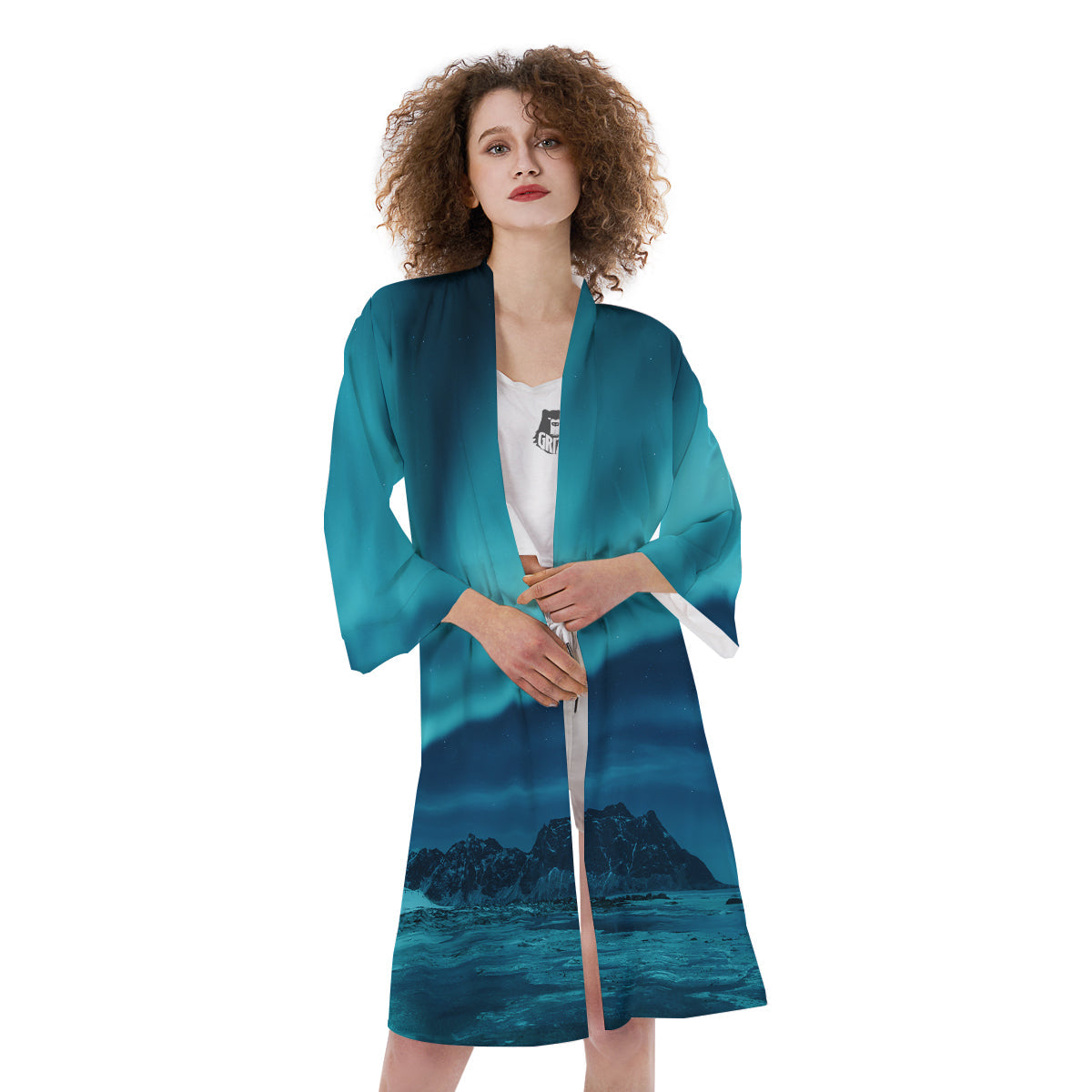Blue Northern Lights And Mountain Print Kimono-grizzshop