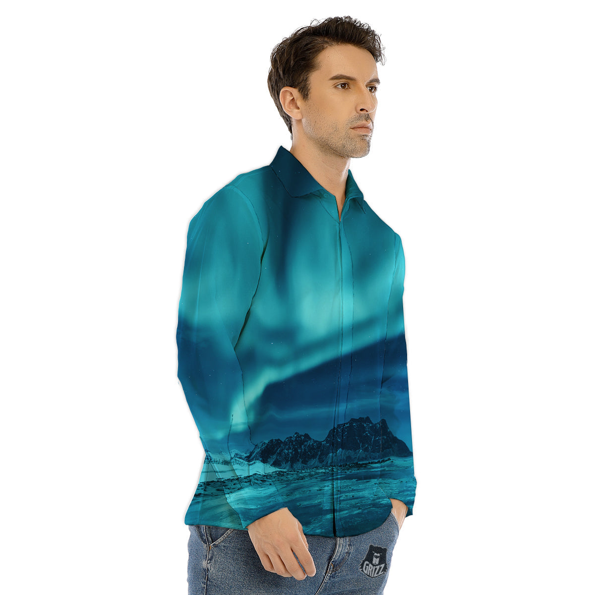 Blue Northern Lights And Mountain Print Men's Dress Shirts-grizzshop