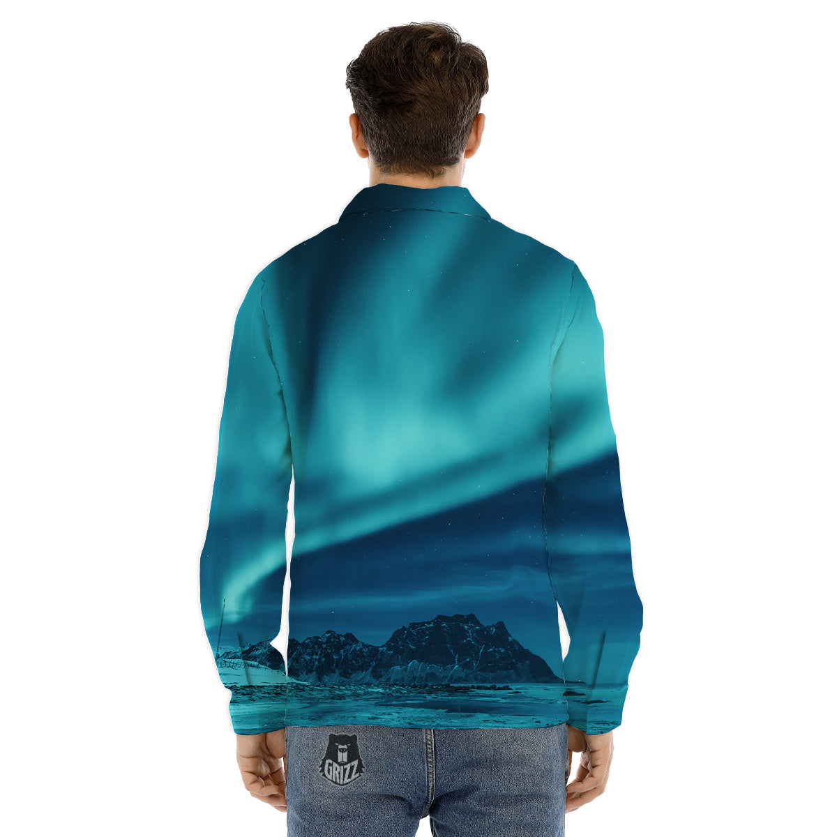 Blue Northern Lights And Mountain Print Men's Dress Shirts-grizzshop