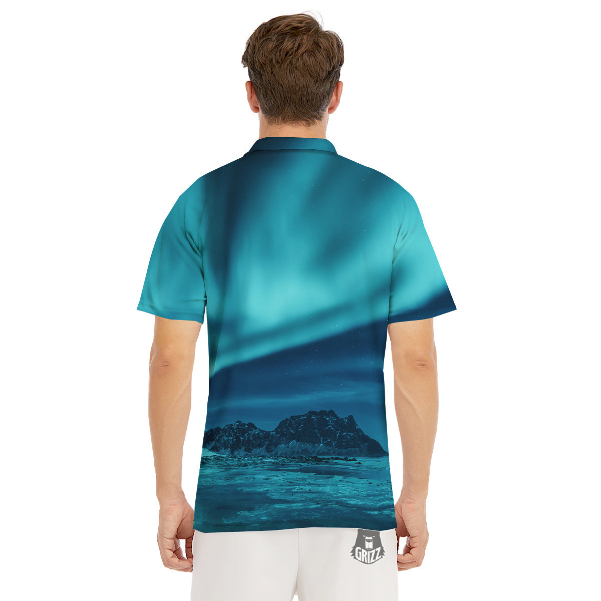 Blue Northern Lights And Mountain Print Men's Golf Shirts-grizzshop