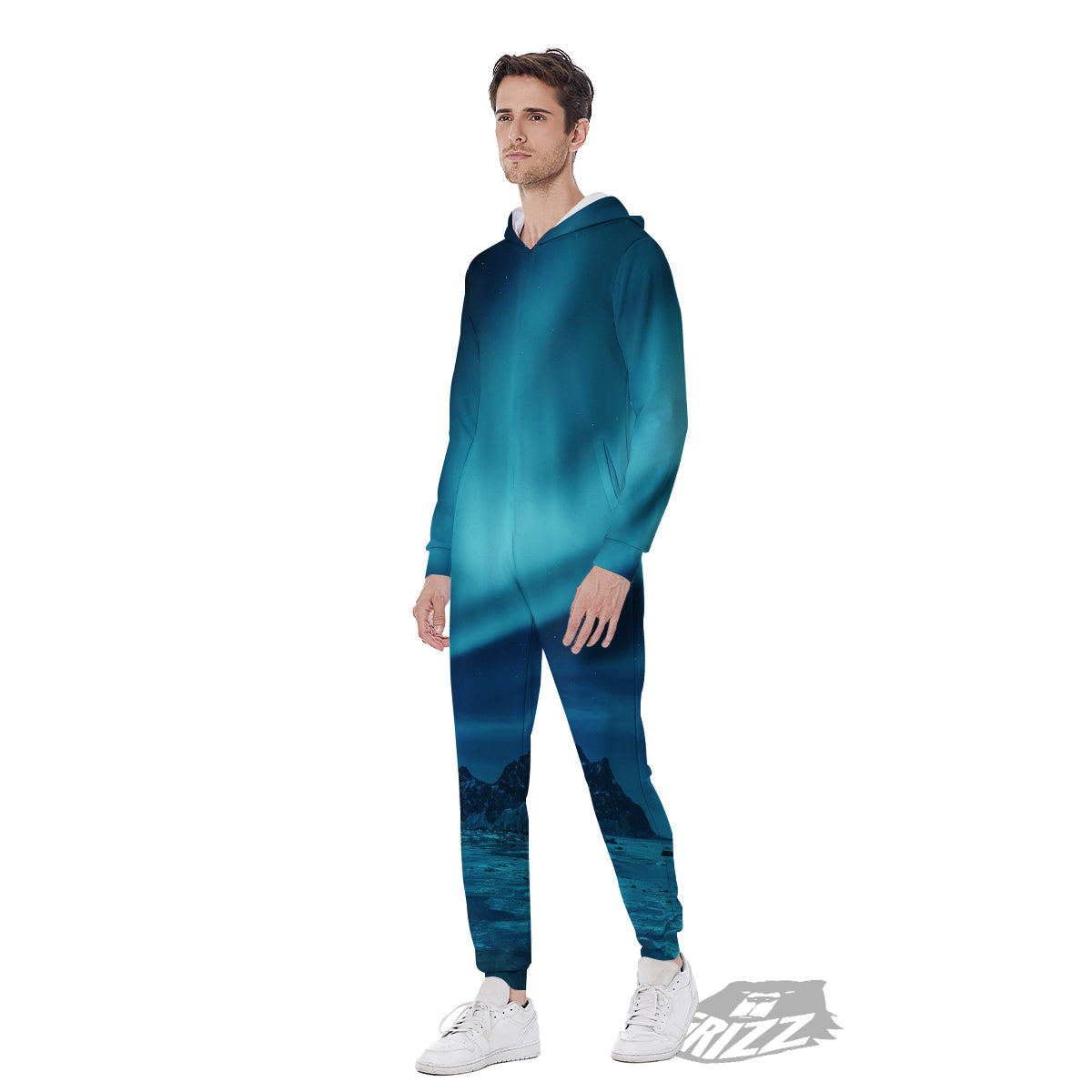 Blue Northern Lights And Mountain Print Men's Jumpsuit-grizzshop