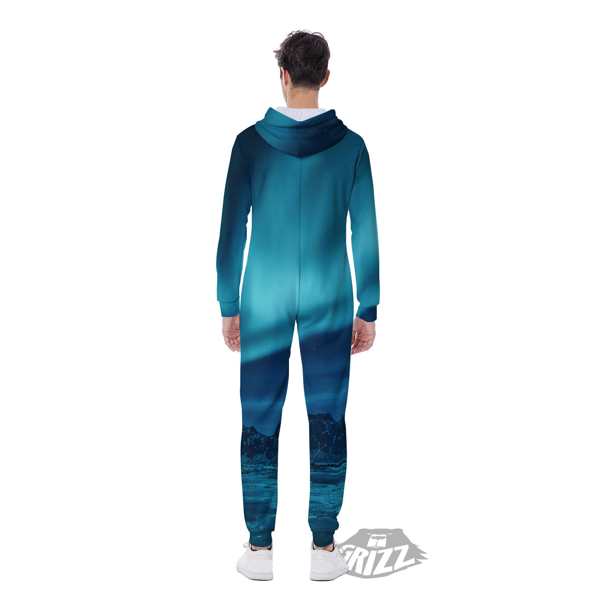 Blue Northern Lights And Mountain Print Men's Jumpsuit-grizzshop