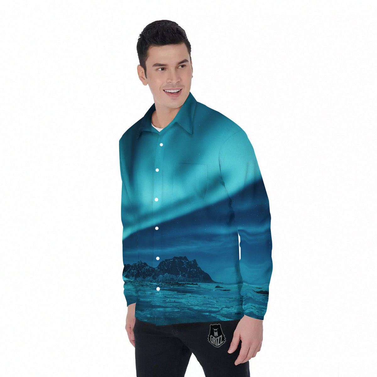 Blue Northern Lights And Mountain Print Men's Long Sleeve Shirts-grizzshop