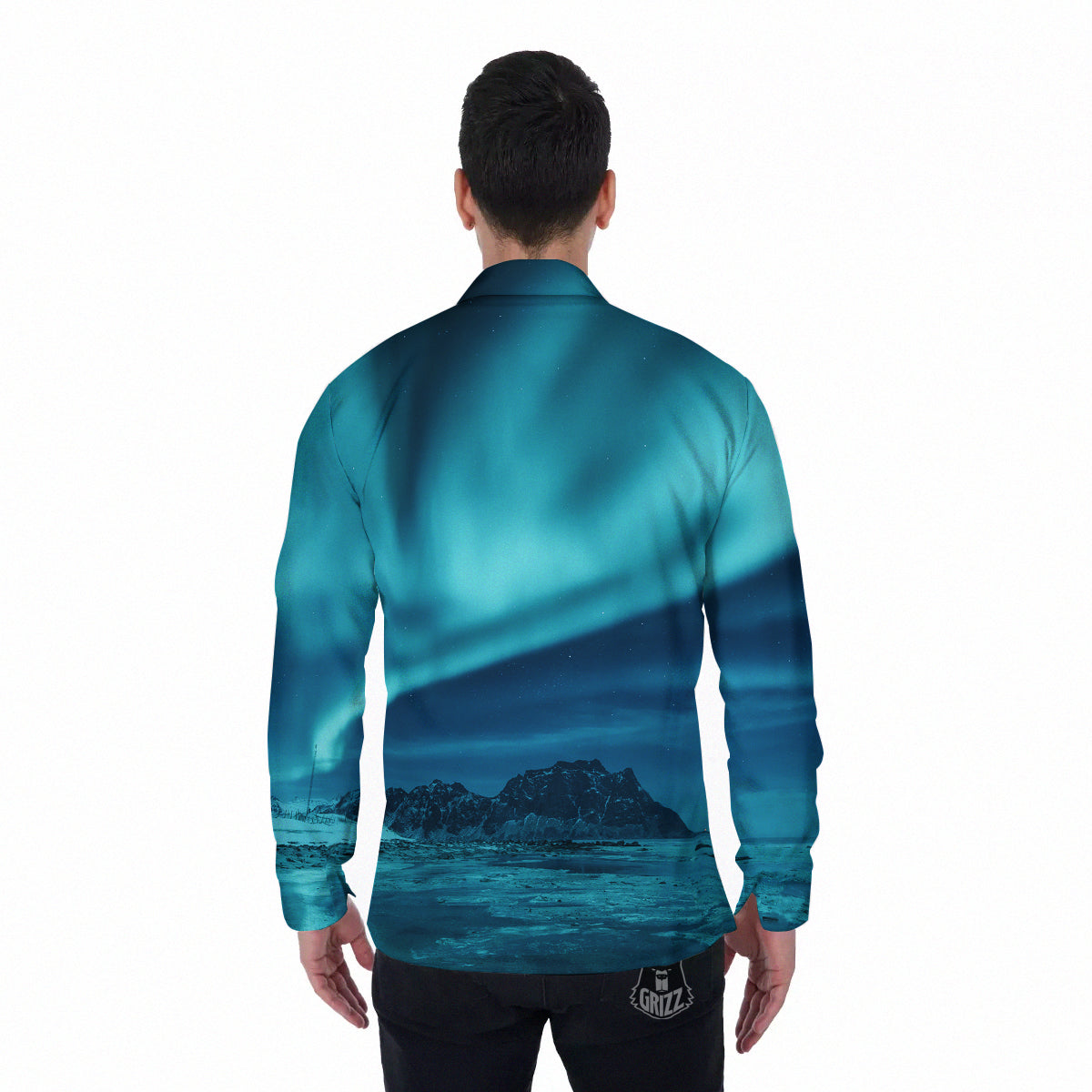 Blue Northern Lights And Mountain Print Men's Long Sleeve Shirts-grizzshop