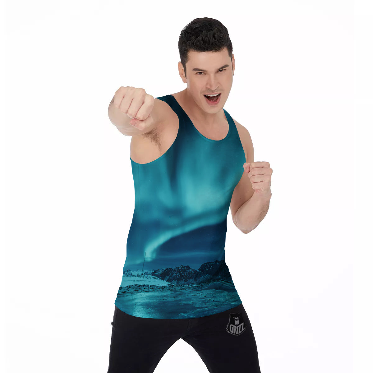 Blue Northern Lights And Mountain Print Men's Tank Top-grizzshop