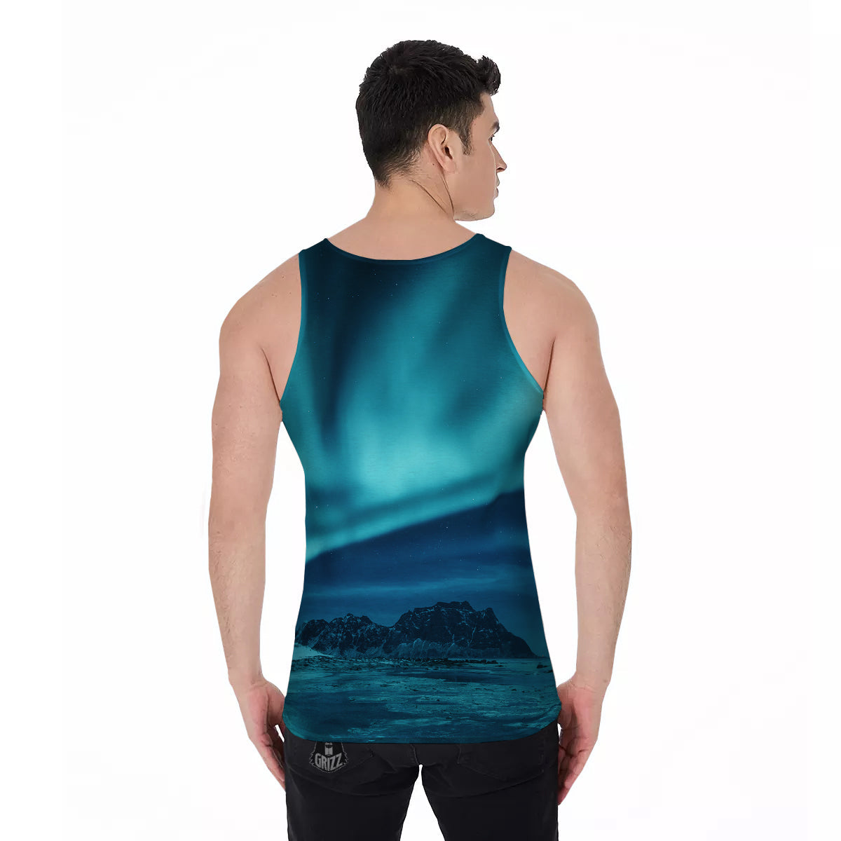 Blue Northern Lights And Mountain Print Men's Tank Top-grizzshop