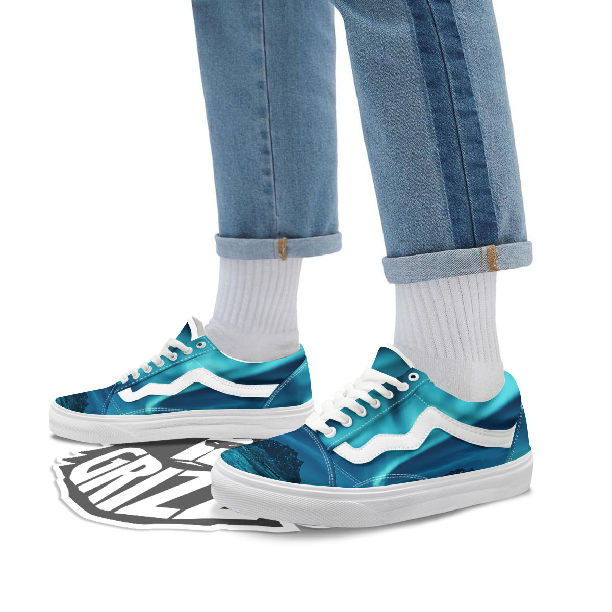 Blue Northern Lights And Mountain Print Skate Shoes-grizzshop