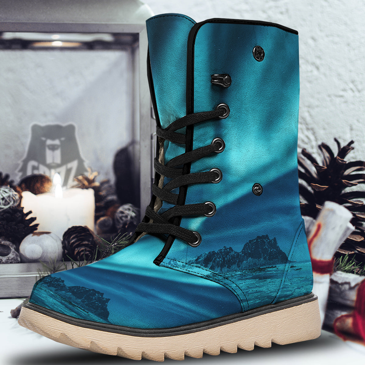 Blue Northern Lights And Mountain Print Snow Boots-grizzshop