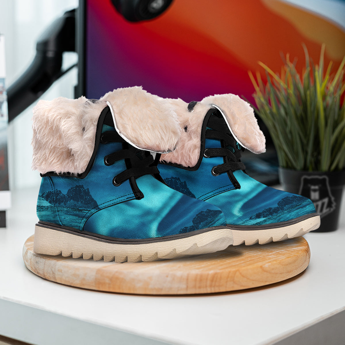 Blue Northern Lights And Mountain Print Snow Boots-grizzshop