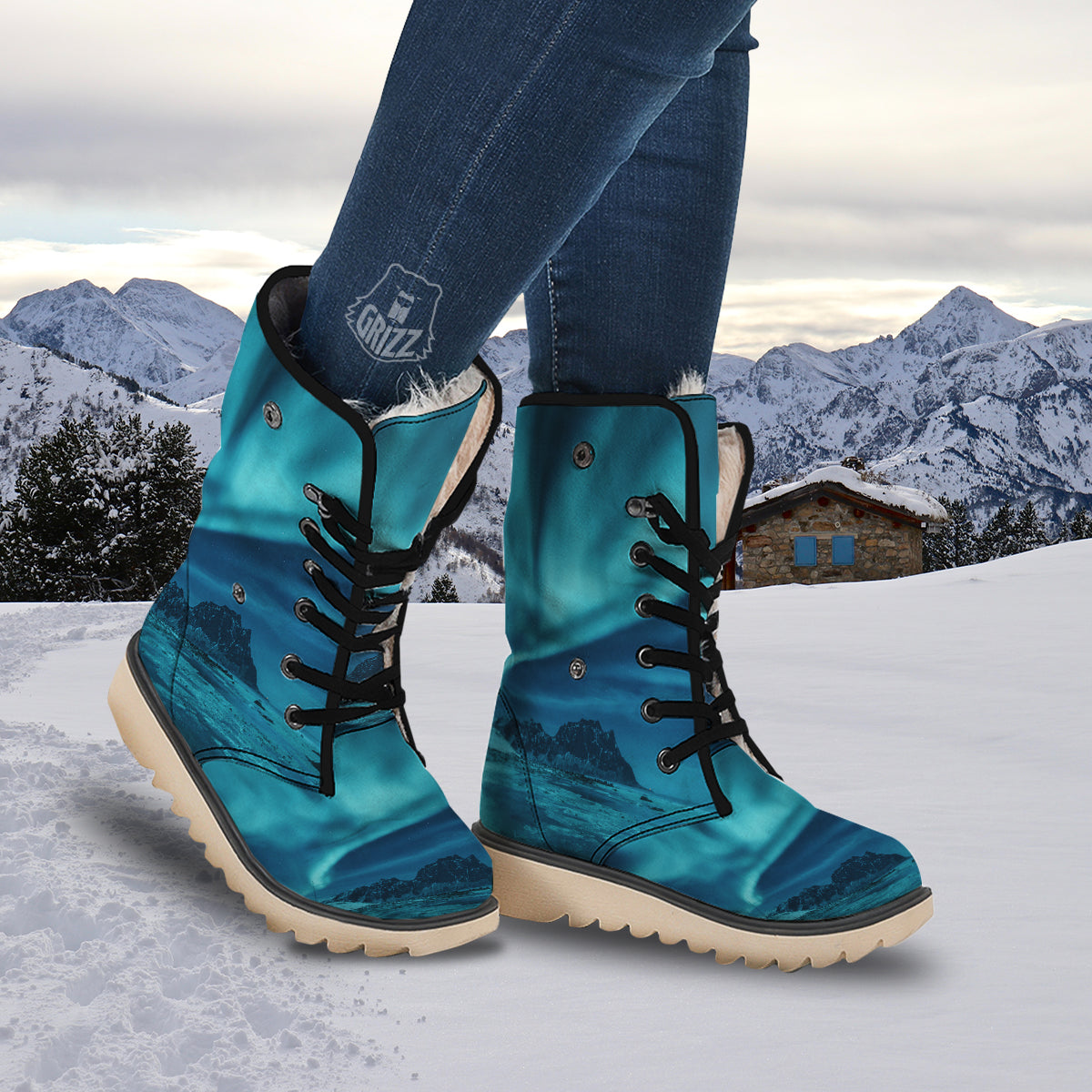 Blue Northern Lights And Mountain Print Snow Boots-grizzshop