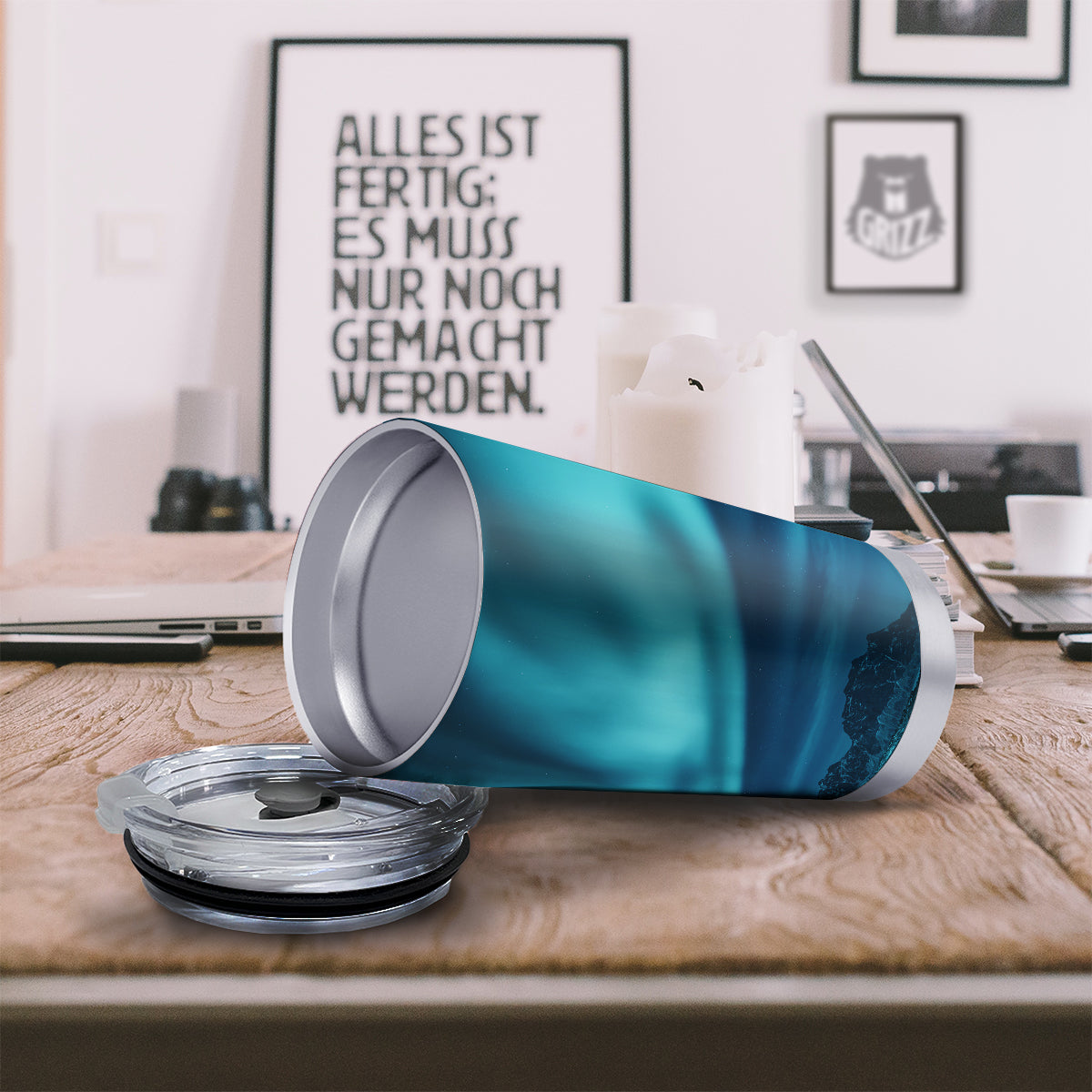 Blue Northern Lights And Mountain Print Tumbler-grizzshop
