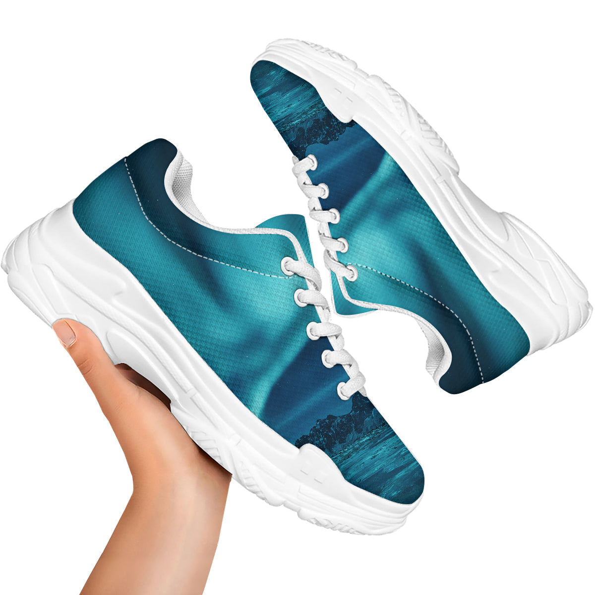 Blue Northern Lights And Mountain Print White Chunky Shoes-grizzshop