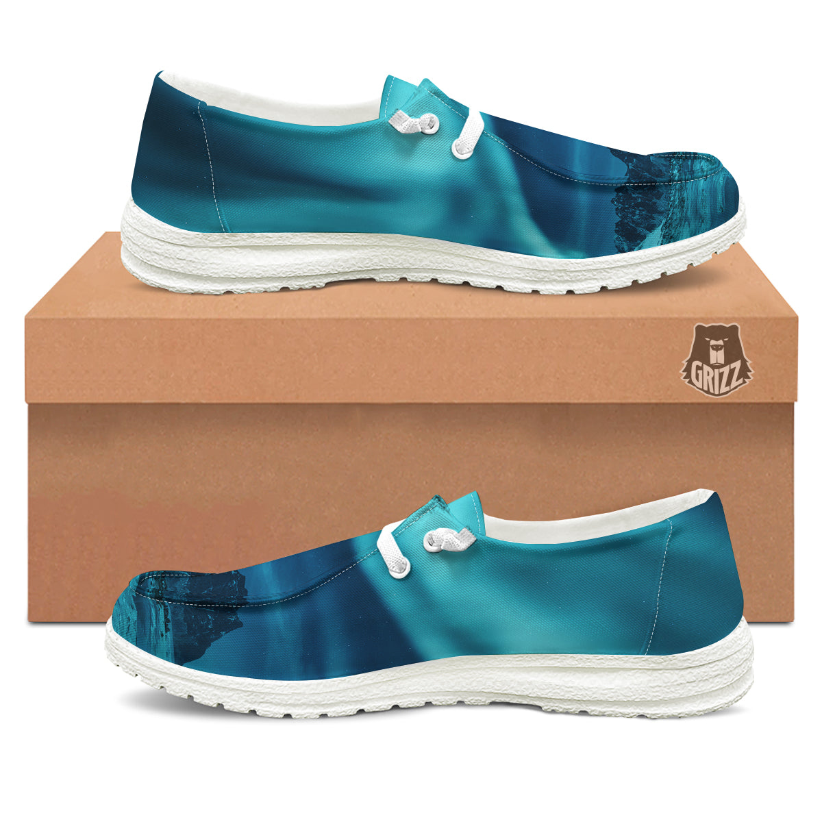 Blue Northern Lights And Mountain Print White Loafers-grizzshop