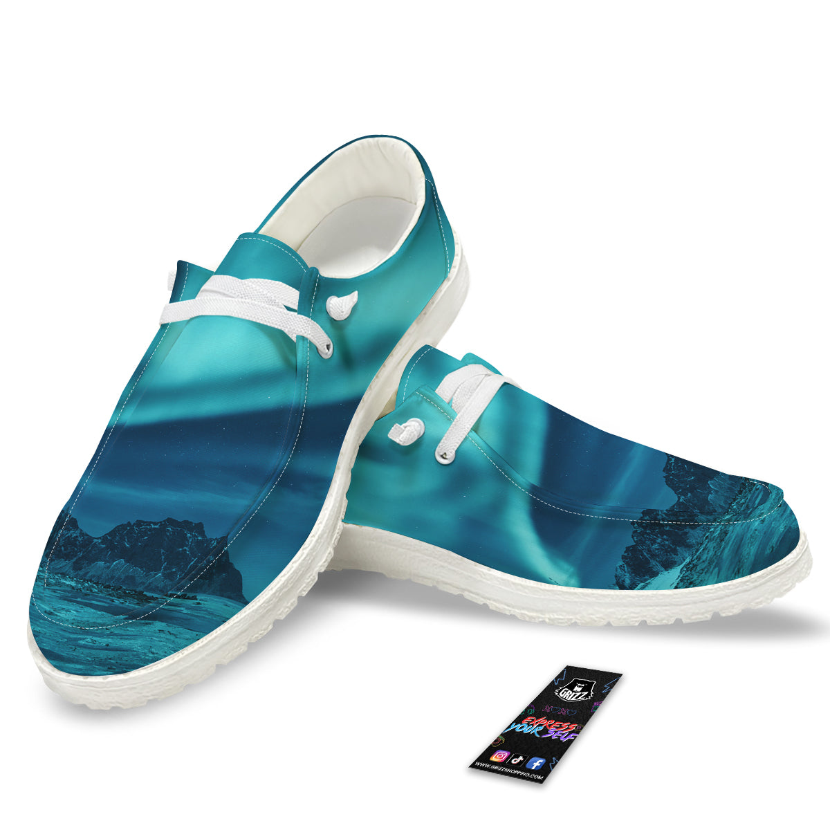 Blue Northern Lights And Mountain Print White Loafers-grizzshop