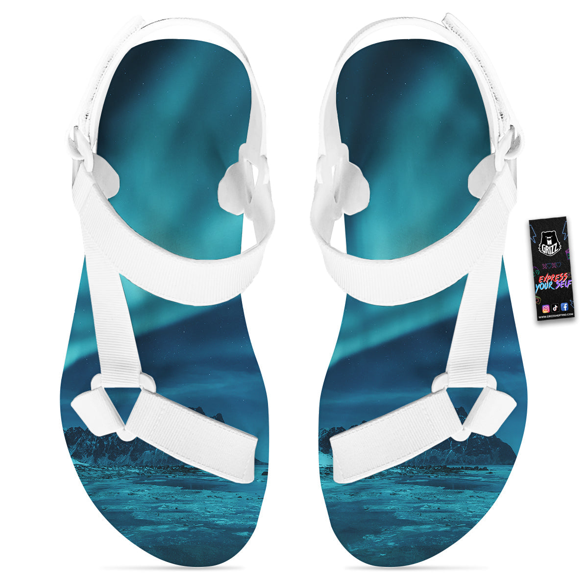 Blue Northern Lights And Mountain Print White Open Toe Sandals-grizzshop