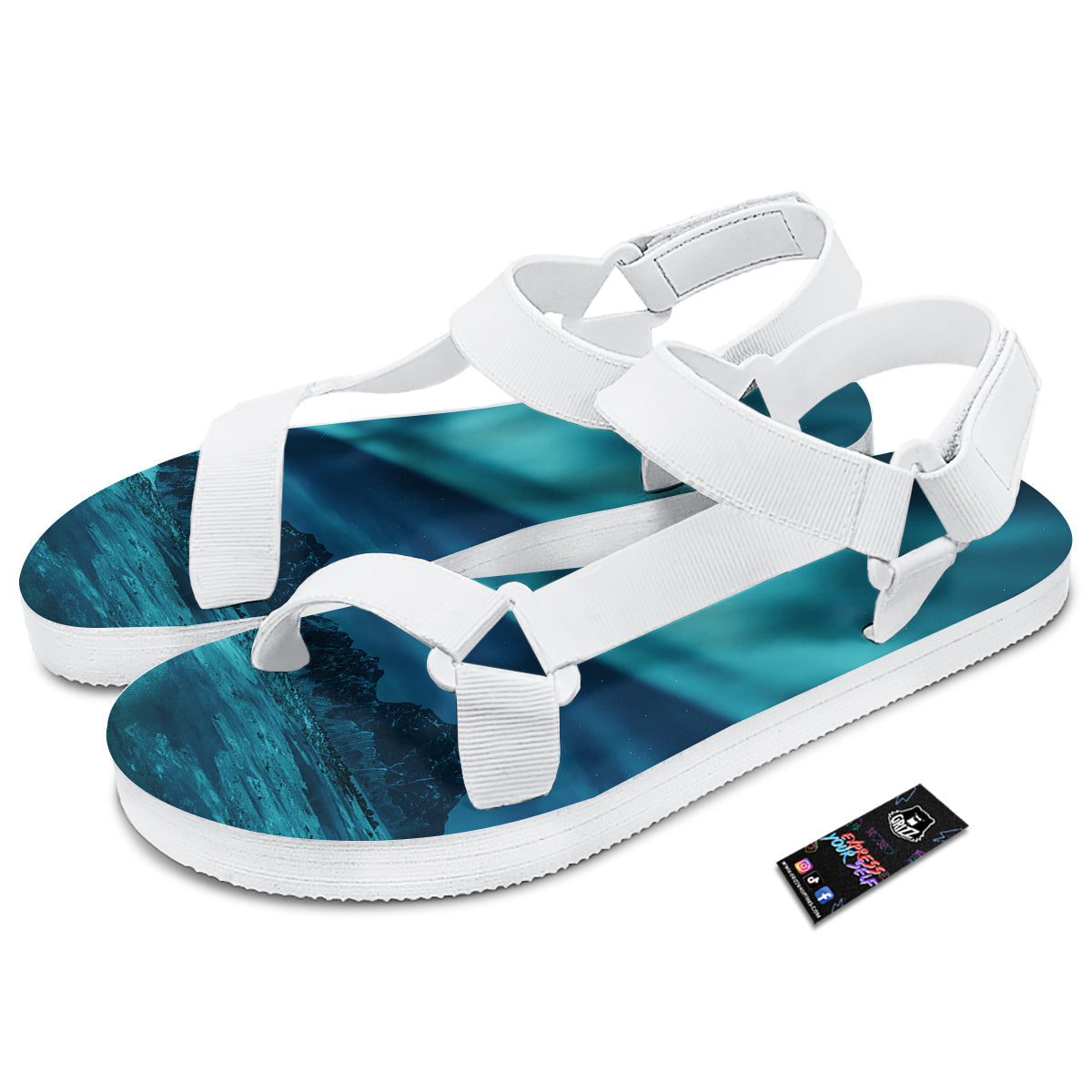 Blue Northern Lights And Mountain Print White Open Toe Sandals-grizzshop