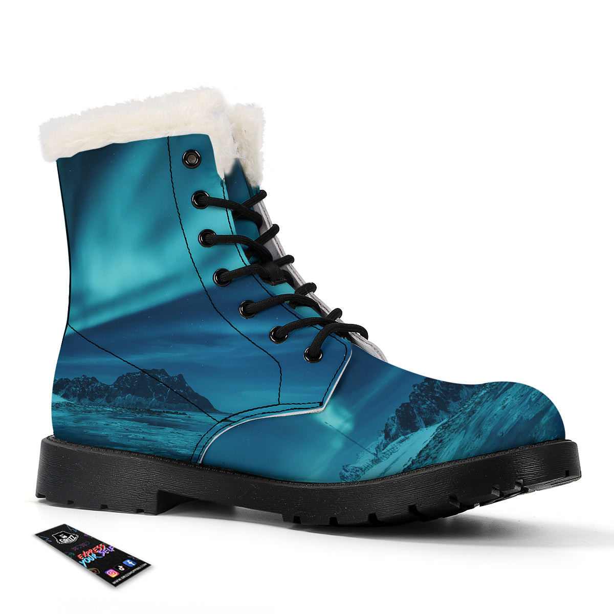 Blue Northern Lights And Mountain Print Winter Boots-grizzshop