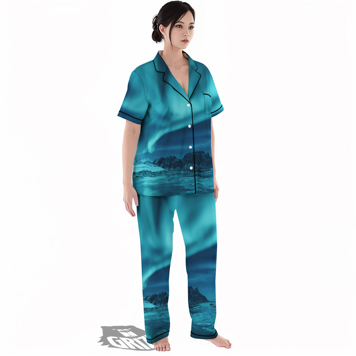 Blue Northern Lights And Mountain Print Women's Pajamas Set-grizzshop