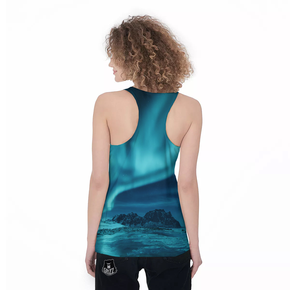 Blue Northern Lights And Mountain Print Women's Racerback Tank Top-grizzshop