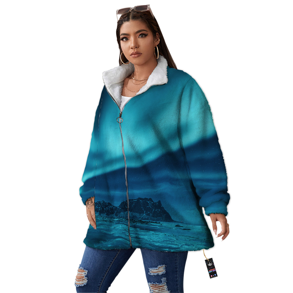Blue Northern Lights And Mountain Print Women's Sherpa Jacket-grizzshop