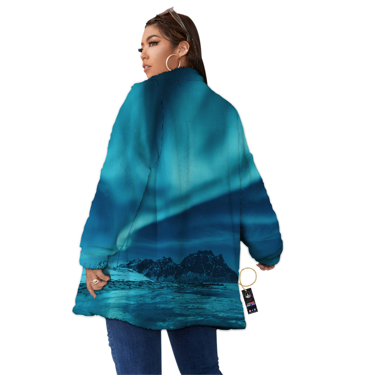 Blue Northern Lights And Mountain Print Women's Sherpa Jacket-grizzshop