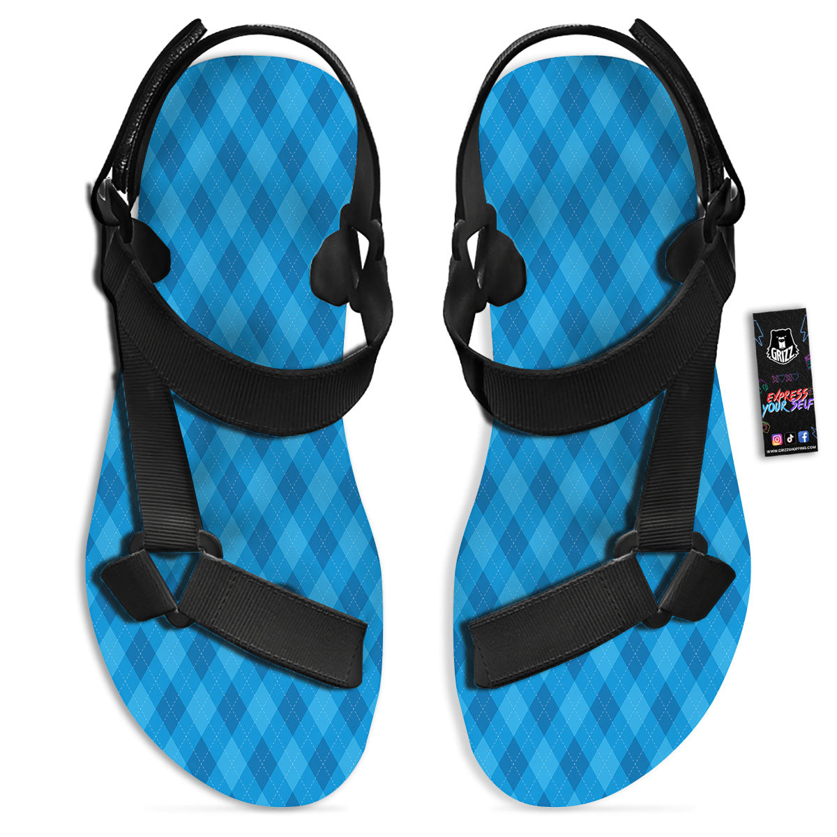 Blue Ocean Argyle Print Pattern Black Open Toe Sandals-grizzshop