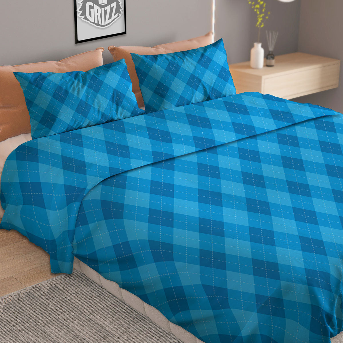 Blue Ocean Argyle Print Pattern Duvet Cover Bedding Set