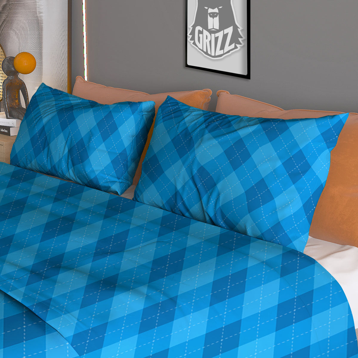 Blue Ocean Argyle Print Pattern Duvet Cover Bedding Set