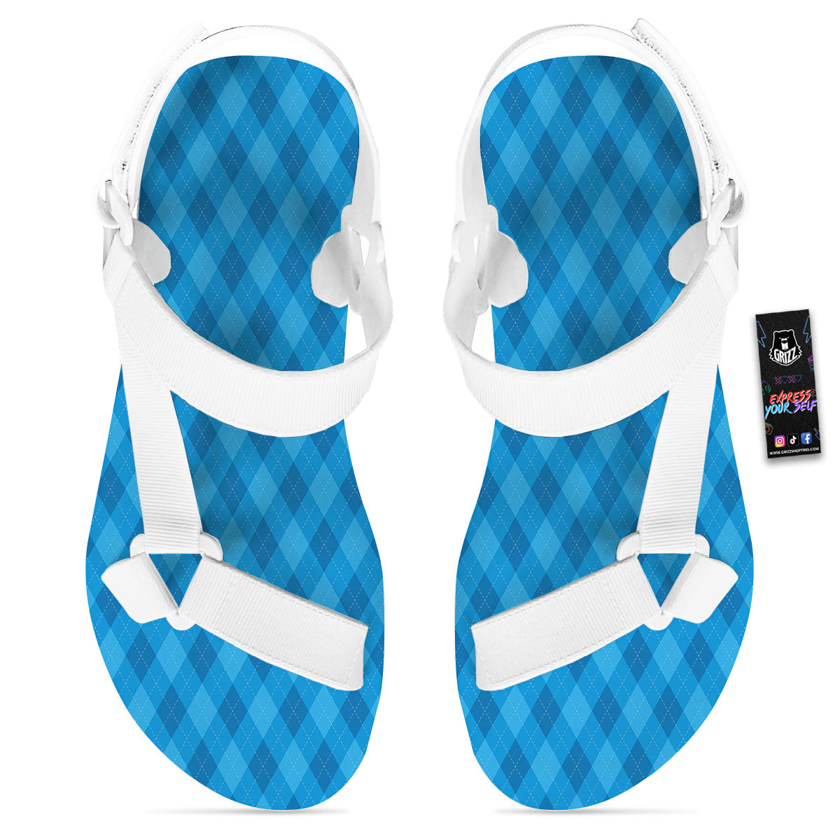Blue Ocean Argyle Print Pattern White Open Toe Sandals-grizzshop