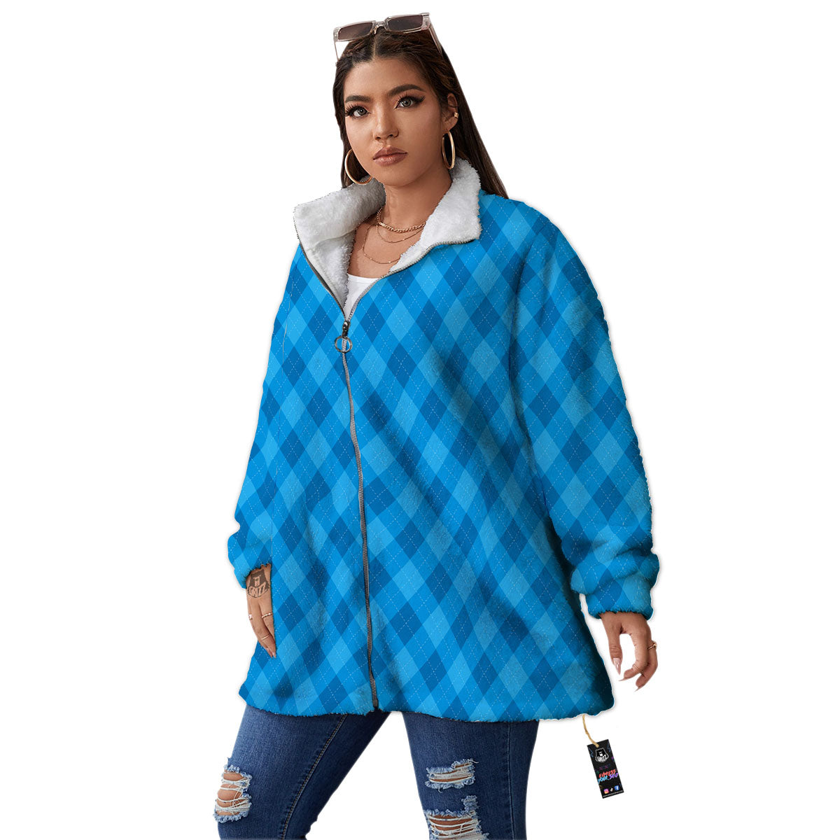 Blue Ocean Argyle Print Pattern Women's Sherpa Jacket-grizzshop