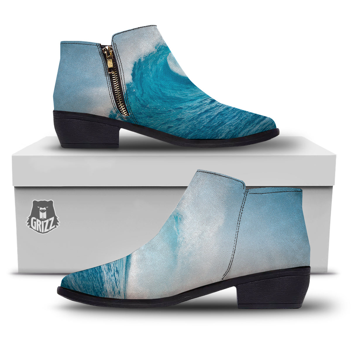 Blue Ocean Wave Print Ankle Boots-grizzshop