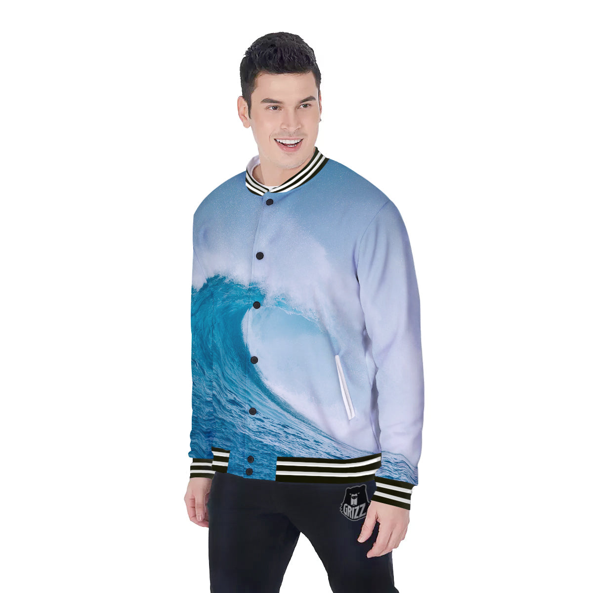 Blue Ocean Wave Print Baseball Jacket-grizzshop