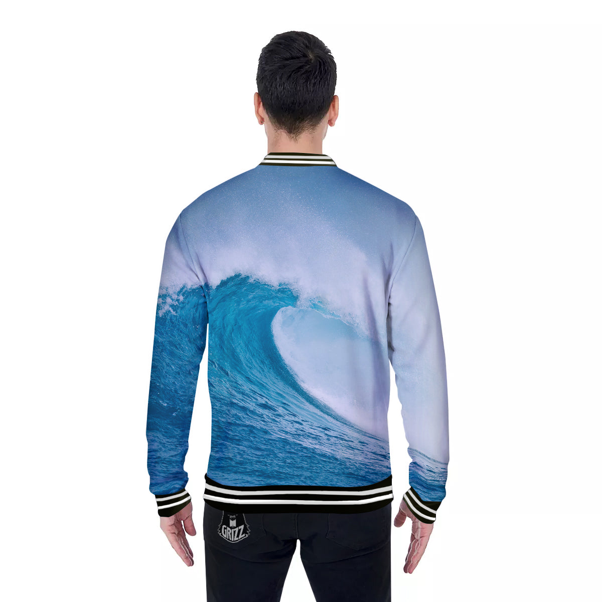 Blue Ocean Wave Print Baseball Jacket-grizzshop