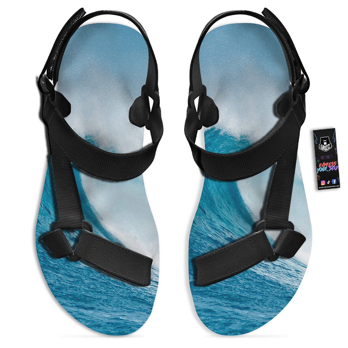Blue Ocean Wave Print Black Open Toe Sandals-grizzshop