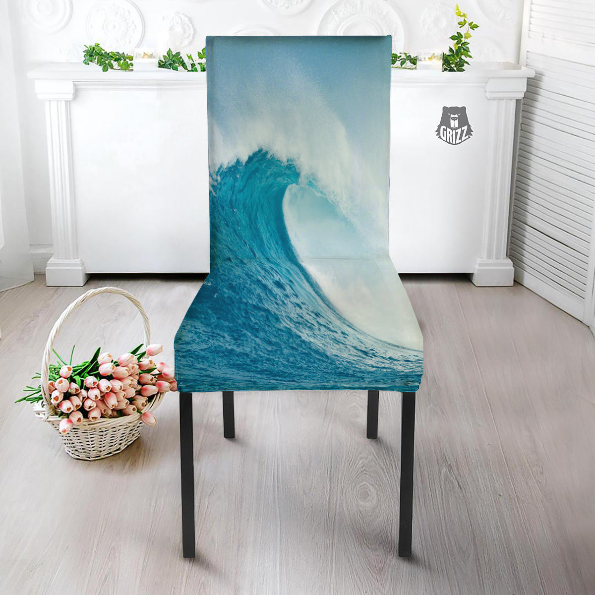 Blue Ocean Wave Print Dining Chair Slipcover-grizzshop