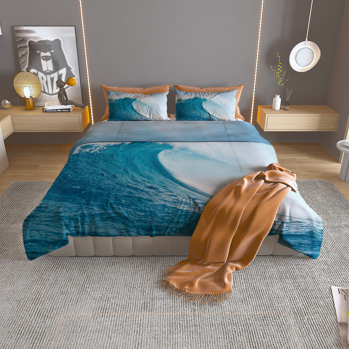 Blue Ocean Wave Print Duvet Cover Bedding Set
