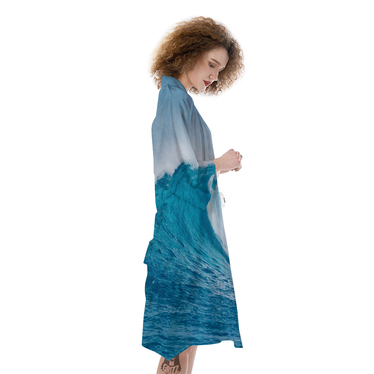 Blue Ocean Wave Print Kimono-grizzshop