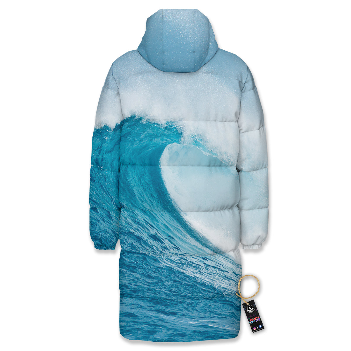 Blue Ocean Wave Print Long Down Jacket-grizzshop