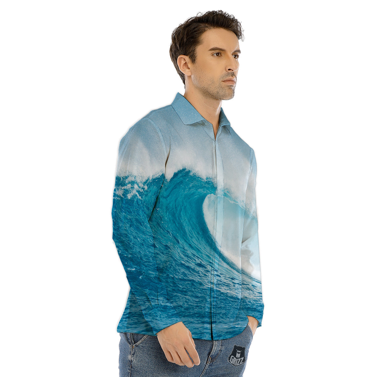 Blue Ocean Wave Print Men's Dress Shirts-grizzshop