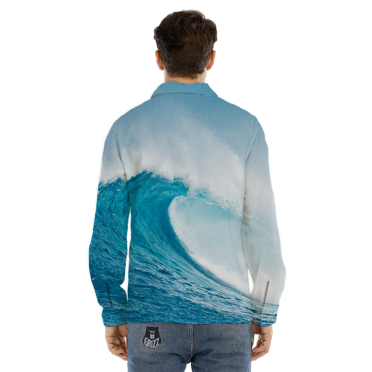 Blue Ocean Wave Print Men's Dress Shirts-grizzshop