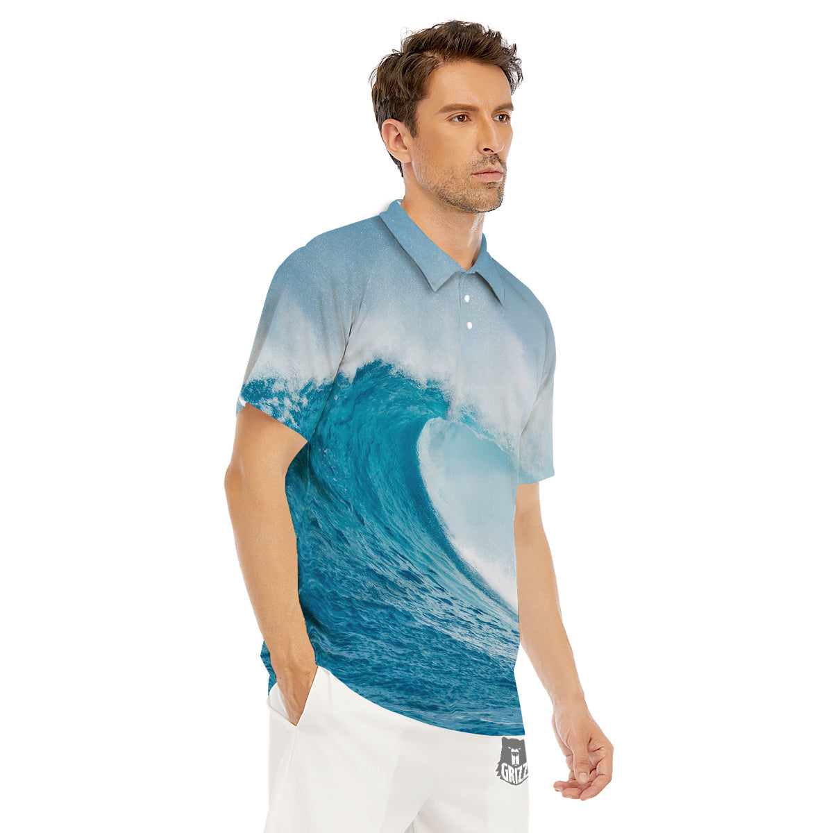 Blue Ocean Wave Print Men's Golf Shirts-grizzshop
