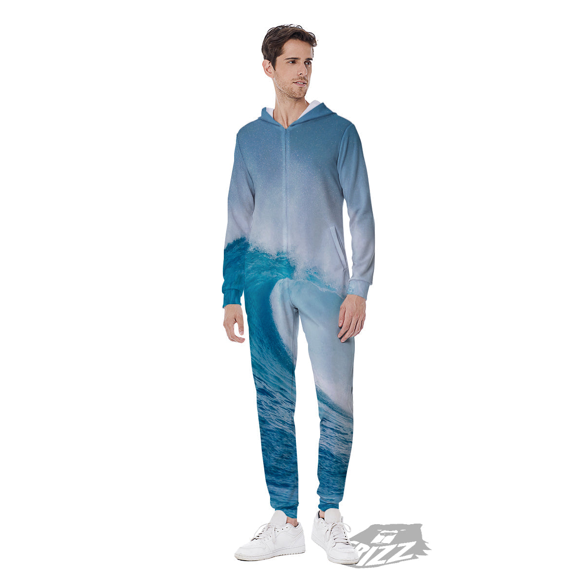 Blue Ocean Wave Print Men's Jumpsuit-grizzshop
